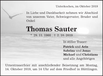 Traueranzeige von Thomas Sauter von Schwäbische Post