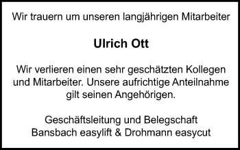 Traueranzeige von Ulrich Ott von Gmünder Tagespost