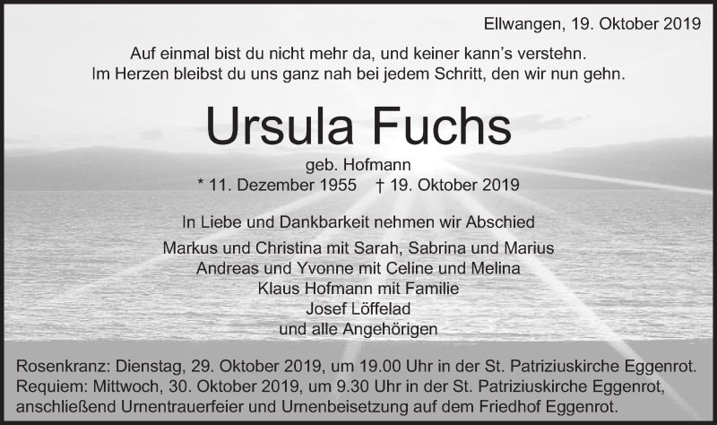  Traueranzeige für Ursula Fuchs vom 23.10.2019 aus Schwäbische Post