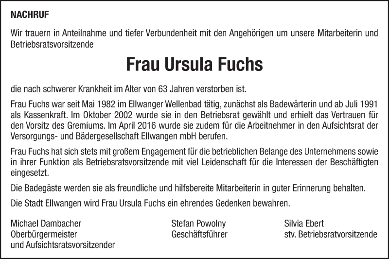  Traueranzeige für Ursula Fuchs vom 24.10.2019 aus Schwäbische Post