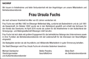 Traueranzeige von Ursula Fuchs