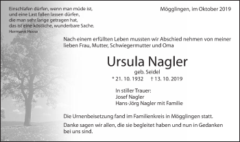 Traueranzeige von Ursula Nagler von Schwäbische Post