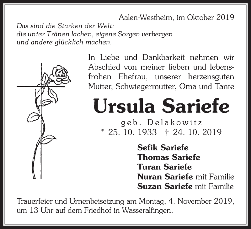  Traueranzeige für Ursula Sariefe vom 30.10.2019 aus Schwäbische Post
