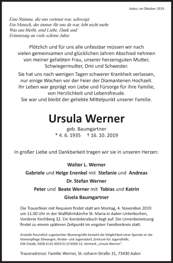 Traueranzeige von Ursula Werner von Schwäbische Post