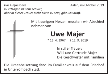 Traueranzeige von Uwe Majer von Schwäbische Post