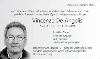 Traueranzeige von Vincenzo De Angelis von Schwäbische Post