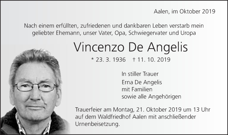  Traueranzeige für Vincenzo De Angelis vom 18.10.2019 aus Schwäbische Post