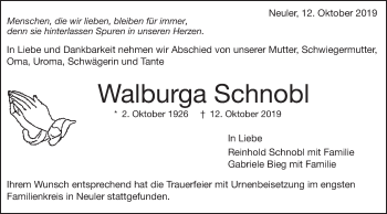 Traueranzeige von Walburga Schnobl von Schwäbische Post