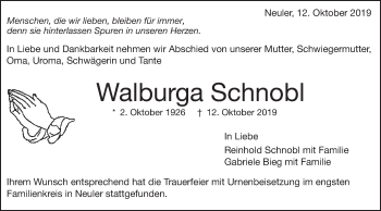 Traueranzeige von Walburga Schnobl