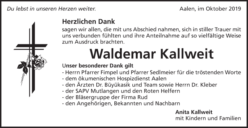  Traueranzeige für Waldemar Kallweit vom 23.10.2019 aus Schwäbische Post