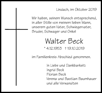 Traueranzeige von Walter Beck von Gmünder Tagespost