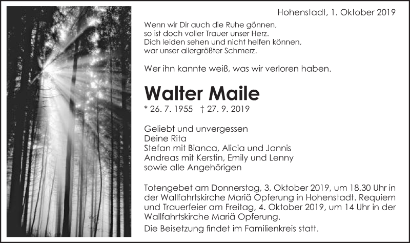  Traueranzeige für Walter Maile vom 01.10.2019 aus Schwäbische Post