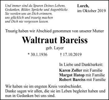 Traueranzeige von Waltraut Bareiss von Gmünder Tagespost
