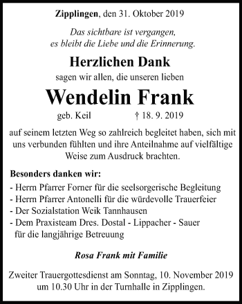 Traueranzeige von Wendelin Frank von Schwäbische Post
