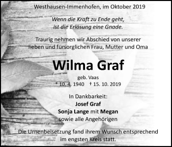 Traueranzeige von Wilma Graf von Schwäbische Post