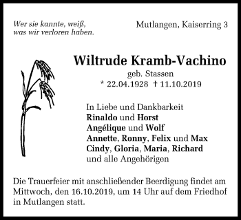 Traueranzeige von Wiltrude Kramb-Vachino von Gmünder Tagespost