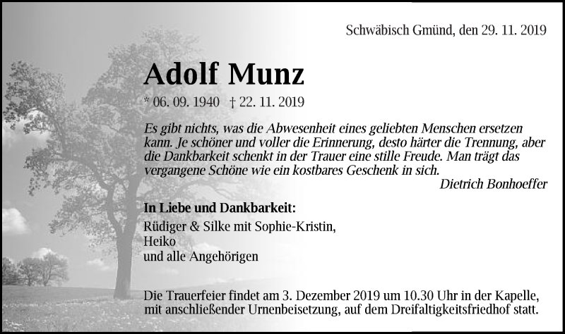  Traueranzeige für Adolf Munz vom 29.11.2019 aus Gmünder Tagespost