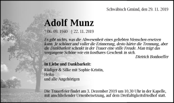 Traueranzeige von Adolf Munz von Gmünder Tagespost