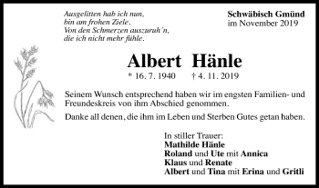 Traueranzeige von Albert Hänle von Gmünder Tagespost