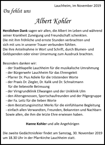 Traueranzeige von Albert Kohler von Schwäbische Post