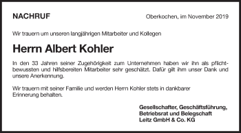 Traueranzeige von Albert Kohler von Schwäbische Post