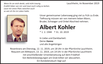 Traueranzeige von Albert Kohler von Schwäbische Post