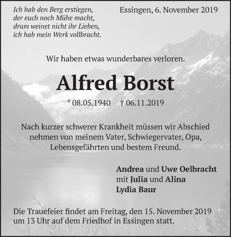  Traueranzeige für Alfred Borst vom 11.11.2019 aus Schwäbische Post