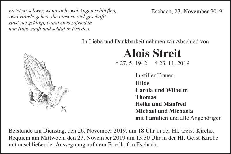  Traueranzeige für Alois Streit vom 25.11.2019 aus Gmünder Tagespost