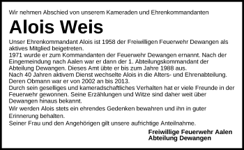 Traueranzeige von Alois Weis von Schwäbische Post