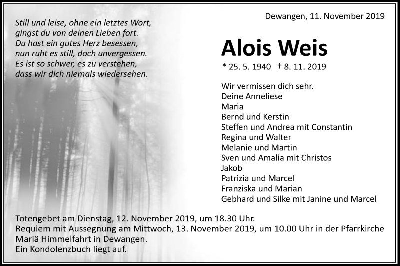  Traueranzeige für Alois Weis vom 11.11.2019 aus Schwäbische Post