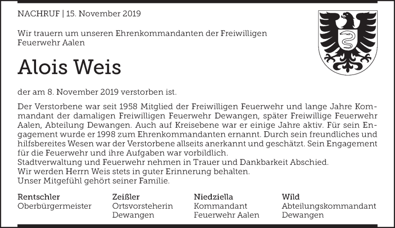  Traueranzeige für Alois Weis vom 15.11.2019 aus Schwäbische Post