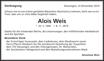 Traueranzeige von Alois Weis von Schwäbische Post