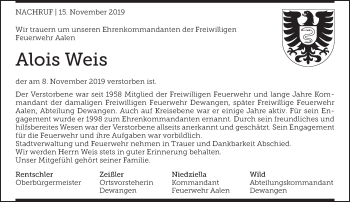 Traueranzeige von Alois Weis von Schwäbische Post