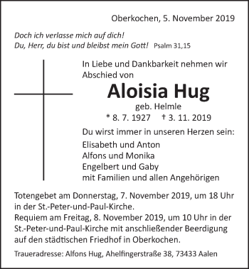 Traueranzeige von Aloisia Hug von Schwäbische Post