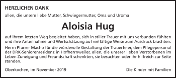 Traueranzeige von Aloisia Hug von Schwäbische Post