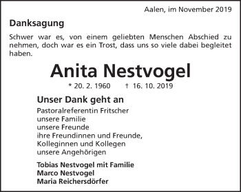 Traueranzeige von Anita Nestvogel von Schwäbische Post