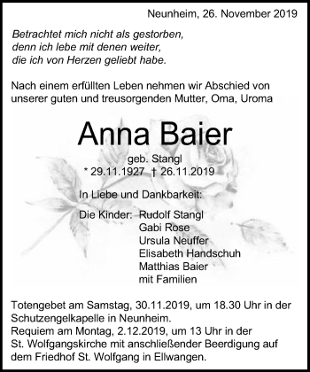 Traueranzeige von Anna Baier von Schwäbische Post