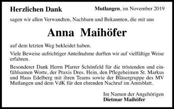 Traueranzeige von Anna Maihöfer von Gmünder Tagespost
