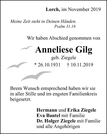 Traueranzeige von Anneliese Gilg von Gmünder Tagespost