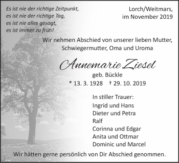 Traueranzeige von Annemarie Ziesel von Gmünder Tagespost