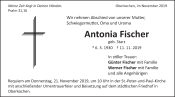 Traueranzeige von Antonia Fischer von Schwäbische Post