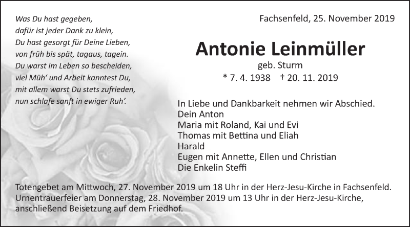  Traueranzeige für Antonie Leinmüller vom 25.11.2019 aus Schwäbische Post