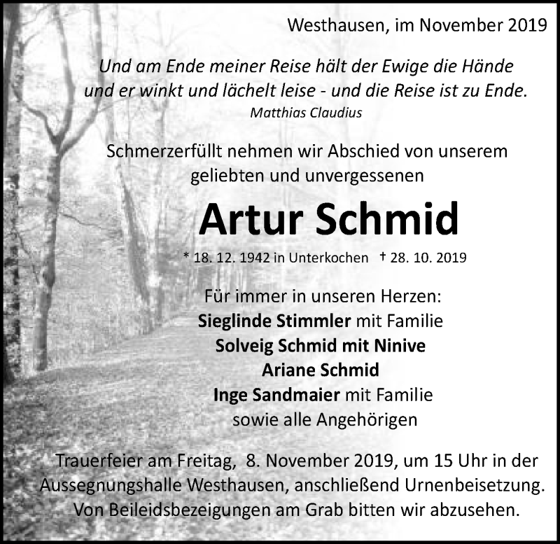  Traueranzeige für Artur Schmid vom 05.11.2019 aus Schwäbische Post