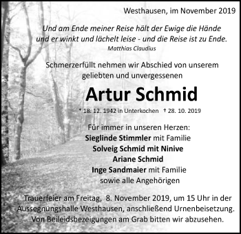 Traueranzeige von Artur Schmid von Schwäbische Post