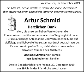 Traueranzeige von Artur Schmid von Schwäbische Post