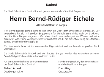 Traueranzeige von Bernd-Rüdiger Eichele von Gmünder Tagespost