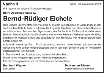 Traueranzeige von Bernd-Rüdiger Eichele von Schwäbische Post