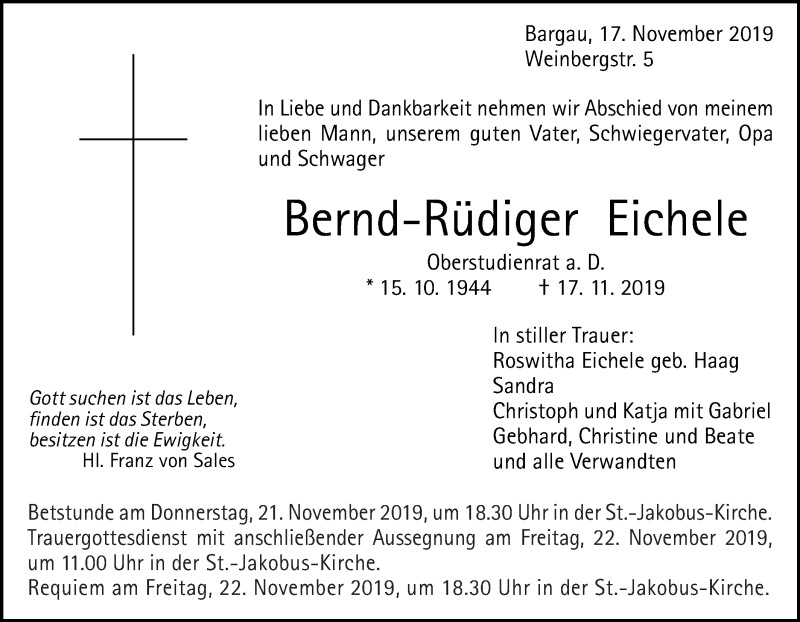  Traueranzeige für Bernd-Rüdiger Eichele vom 19.11.2019 aus Gmünder Tagespost