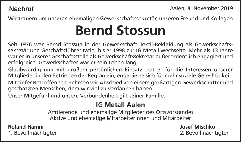  Traueranzeige für Bernd Stossun vom 08.11.2019 aus Schwäbische Post