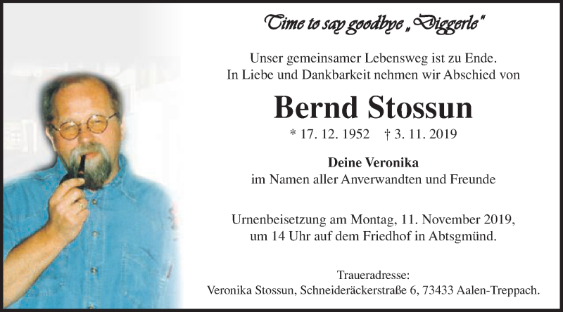  Traueranzeige für Bernd Stossun vom 08.11.2019 aus Schwäbische Post